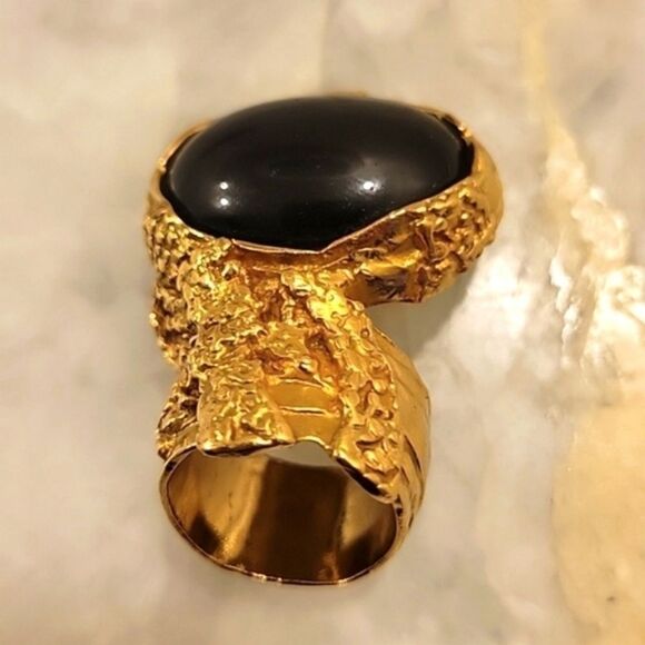 Yves Saint Laurent YSL Size 6 Arty Black RARE Cabochon Vintage 24KT Gold Ring - Picture 6 of 12